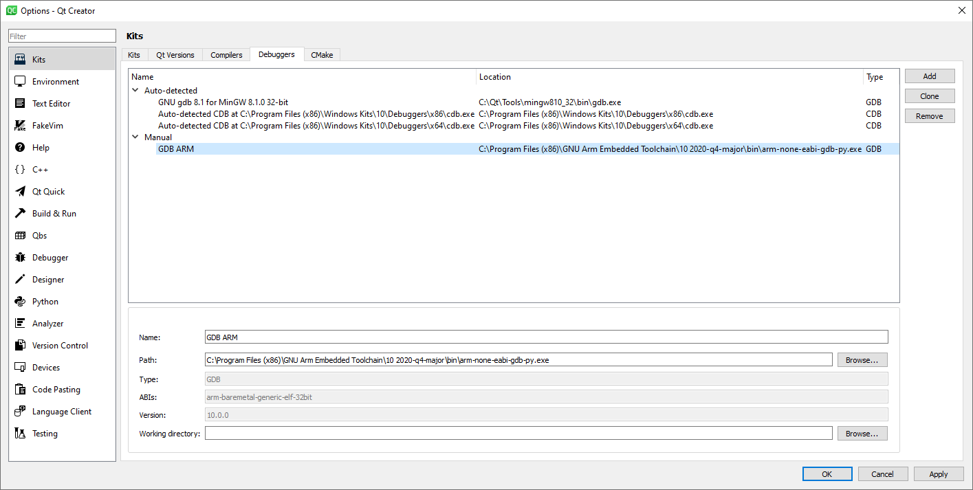 Qt Creator Debuggers