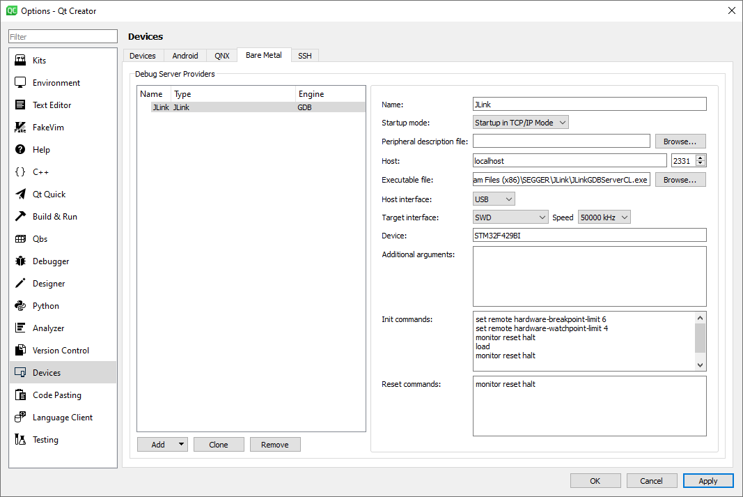 Qt Creator JLink setup