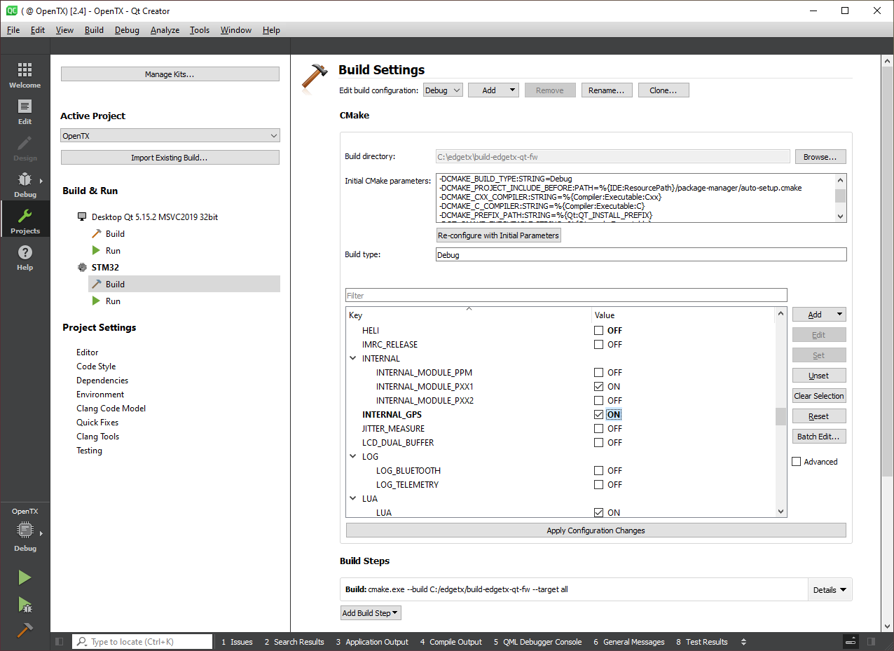 Qt Creator CMake Options