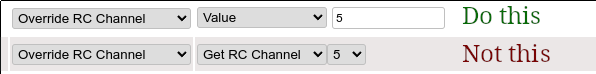 screenshot of override an RC channel with a value